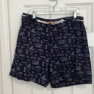 Ralph Lauren Navy Board Shorts with White Sailboat Print & Rope Belt